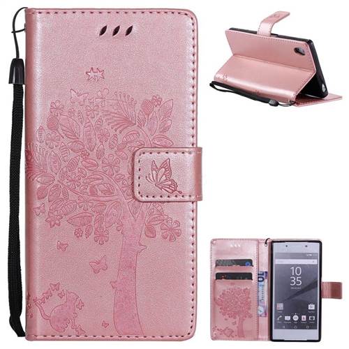 Embossing Butterfly Tree Leather Wallet Case for Sony Xperia Z5 / Z5 Dual - Rose Pink