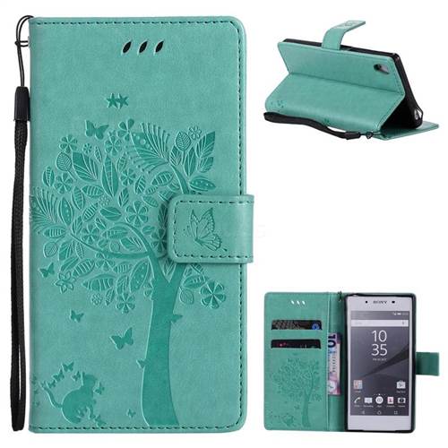 Embossing Butterfly Tree Leather Wallet Case for Sony Xperia Z5 / Z5 Dual - Cyan