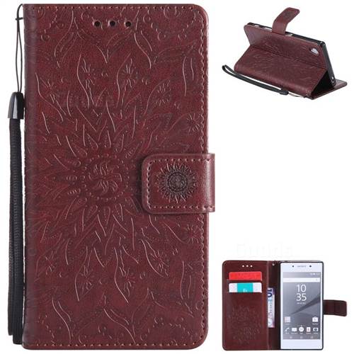Embossing Sunflower Leather Wallet Case for Sony Xperia Z5 / Z5 Dual - Brown