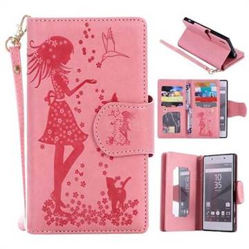 Embossing Cat Girl 9 Card Leather Wallet Case for Sony Xperia Z5 / Z5 Dual - Pink