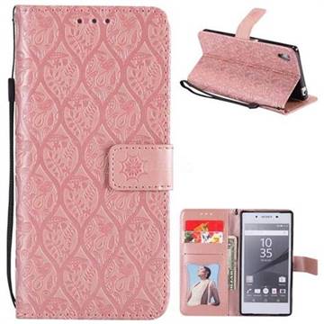 Intricate Embossing Rattan Flower Leather Wallet Case for Sony Xperia Z5 / Z5 Dual - Pink