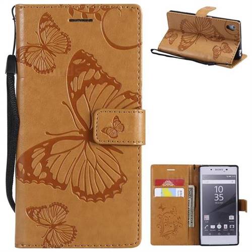Embossing 3D Butterfly Leather Wallet Case for Sony Xperia Z5 / Z5 Dual - Yellow