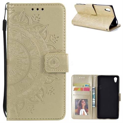 Intricate Embossing Datura Leather Wallet Case for Sony Xperia Z5 / Z5 Dual - Golden