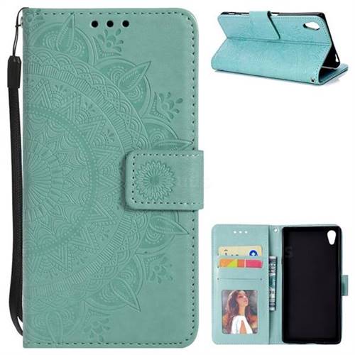 Intricate Embossing Datura Leather Wallet Case for Sony Xperia Z5 / Z5 Dual - Mint Green
