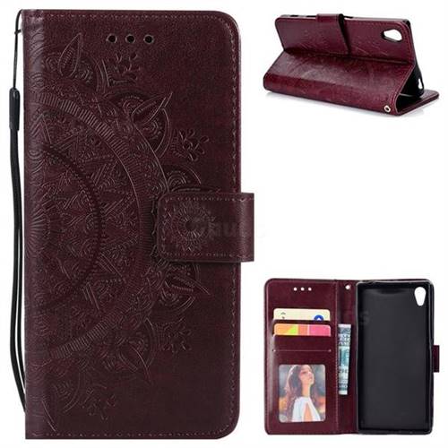 Intricate Embossing Datura Leather Wallet Case for Sony Xperia Z5 / Z5 Dual - Brown