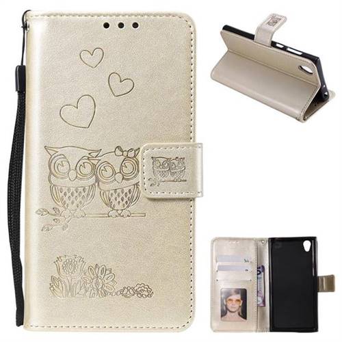 Embossing Owl Couple Flower Leather Wallet Case for Sony Xperia Z5 / Z5 Dual - Golden