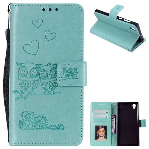 Embossing Owl Couple Flower Leather Wallet Case for Sony Xperia Z5 / Z5 Dual - Green