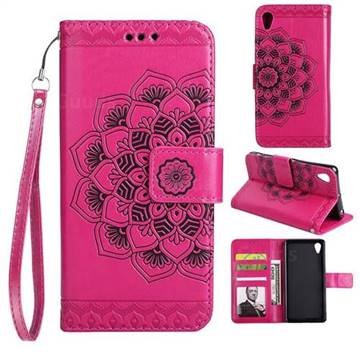 Embossing Half Mandala Flower Leather Wallet Case for Sony Xperia Z5 / Z5 Dual - Rose Red