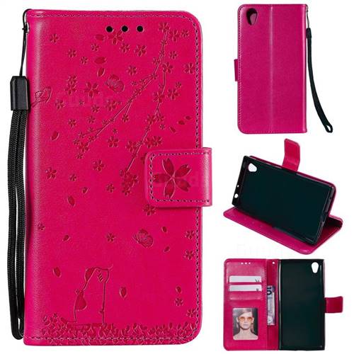 Embossing Cherry Blossom Cat Leather Wallet Case for Sony Xperia Z5 / Z5 Dual - Rose