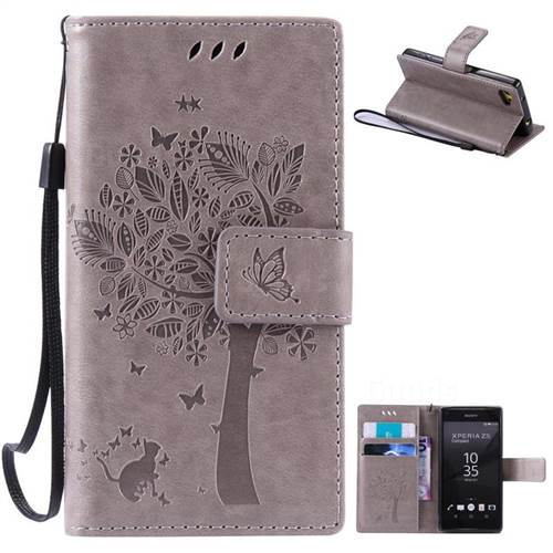 Embossing Butterfly Tree Leather Wallet Case for Sony Xperia Z5 Compact / Z5 Mini - Grey