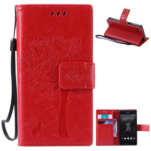 Embossing Butterfly Tree Leather Wallet Case for Sony Xperia Z5 Compact / Z5 Mini - Red