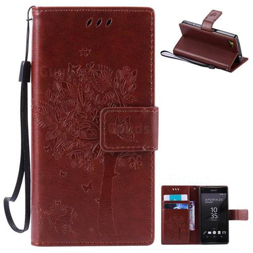 Embossing Butterfly Tree Leather Wallet Case for Sony Xperia Z5 Compact / Z5 Mini - Brown