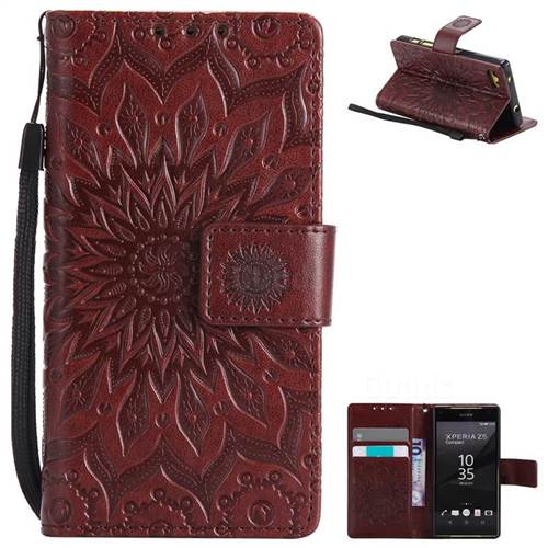 Embossing Sunflower Leather Wallet Case for Sony Xperia Z5 Compact / Z5 Mini - Brown