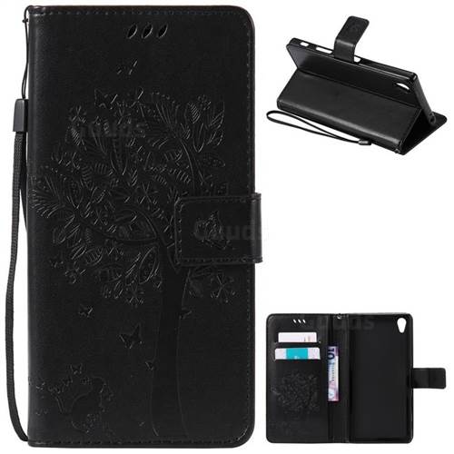 Embossing Butterfly Tree Leather Wallet Case for Sony Xperia Z5 Premium - Black