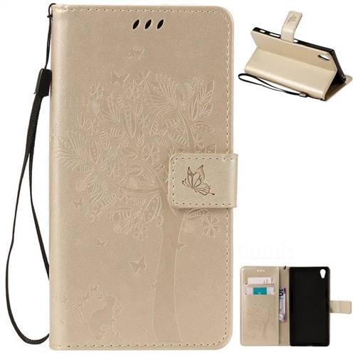 Embossing Butterfly Tree Leather Wallet Case for Sony Xperia Z5 Premium - Champagne