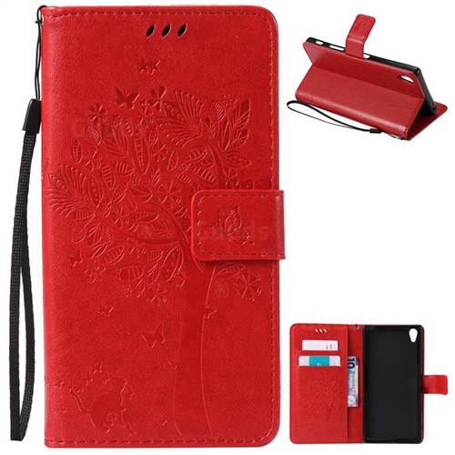 Embossing Butterfly Tree Leather Wallet Case for Sony Xperia Z5 Premium - Red