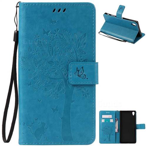 Embossing Butterfly Tree Leather Wallet Case for Sony Xperia Z5 Premium - Blue