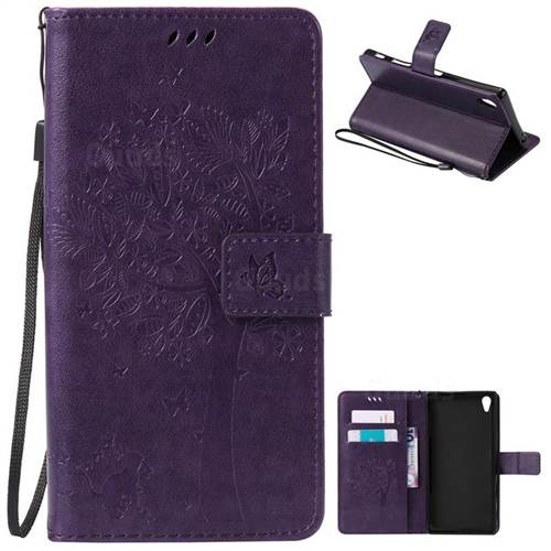Embossing Butterfly Tree Leather Wallet Case for Sony Xperia Z5 Premium - Purple