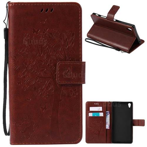 Embossing Butterfly Tree Leather Wallet Case for Sony Xperia Z5 Premium - Brown
