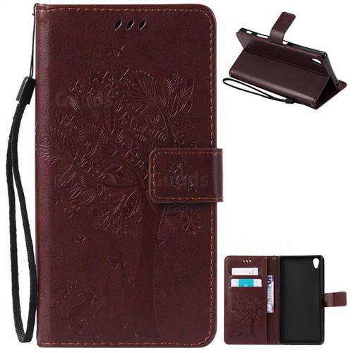 Embossing Butterfly Tree Leather Wallet Case for Sony Xperia Z5 Premium - Coffee