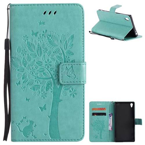 Embossing Butterfly Tree Leather Wallet Case for Sony Xperia Z5 Premium - Cyan