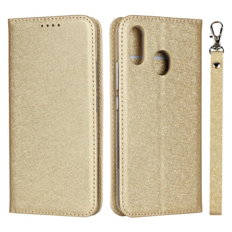 Ultra Slim Magnetic Automatic Suction Silk Lanyard Leather Flip Cover for ZTE Libero S10 TD-LTE JP 901ZT - Golden