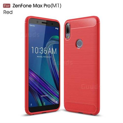 Luxury Carbon Fiber Brushed Wire Drawing Silicone TPU Back Cover for Asus Zenfone Max Pro (M1) ZB601KL - Red