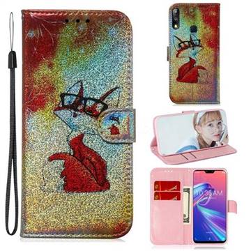 Glasses Fox Laser Shining Leather Wallet Phone Case for Asus Zenfone Max Pro (M2) ZB631KL