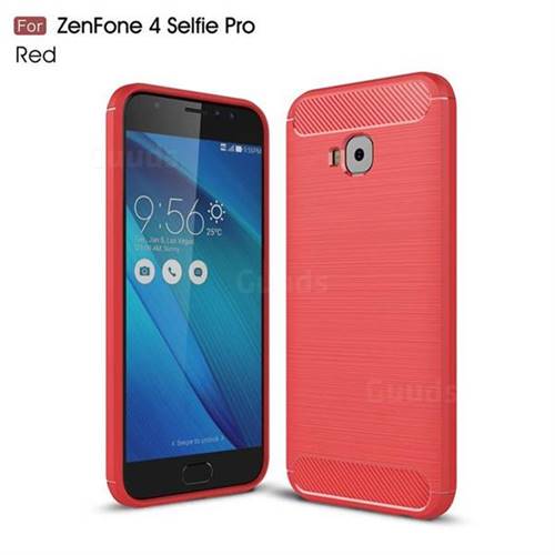 Luxury Carbon Fiber Brushed Wire Drawing Silicone TPU Back Cover for Asus Zenfone 4 Selfie Pro ZD552KL - Red