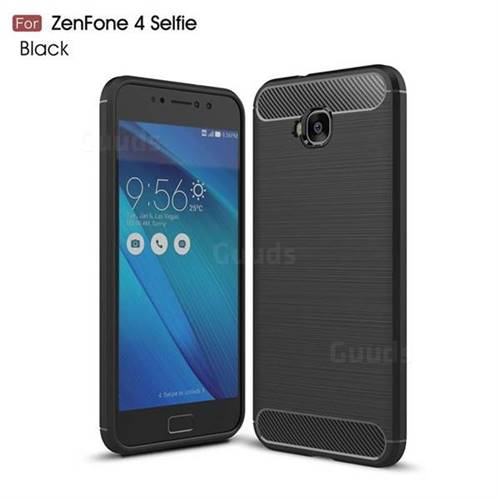 Luxury Carbon Fiber Brushed Wire Drawing Silicone TPU Back Cover for Asus Zenfone 4 Selfie ZD553KL - Black