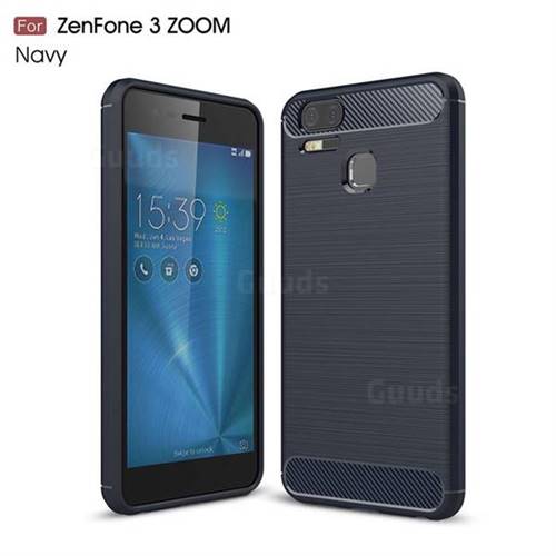 Luxury Carbon Fiber Brushed Wire Drawing Silicone TPU Back Cover for Asus Zenfone 3 Zoom ZE553KL - Navy