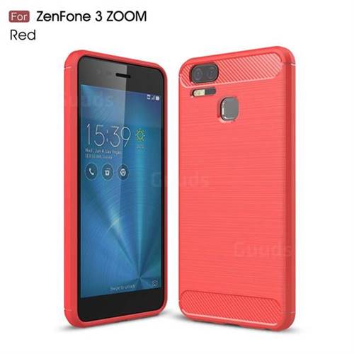 Luxury Carbon Fiber Brushed Wire Drawing Silicone TPU Back Cover for Asus Zenfone 3 Zoom ZE553KL - Red