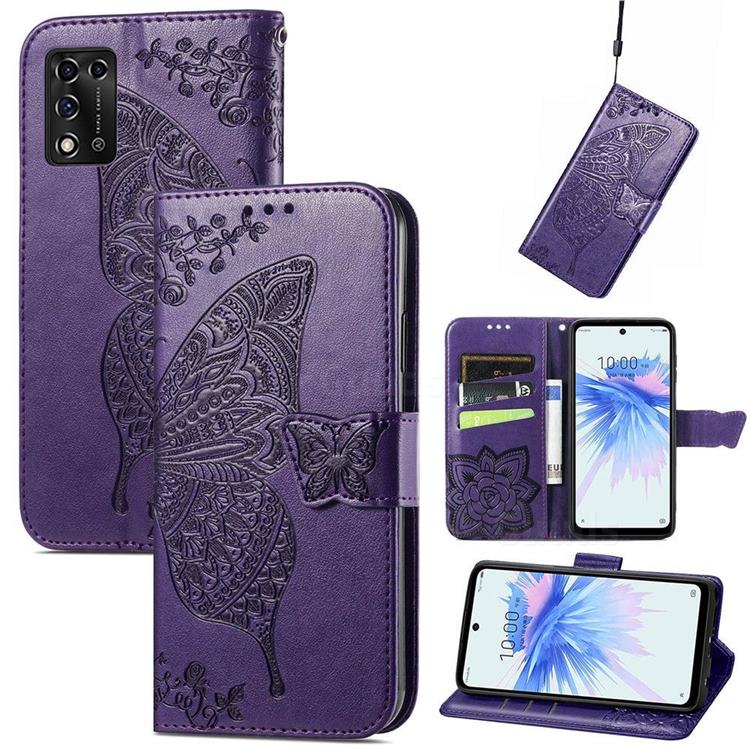 Embossing Mandala Flower Butterfly Leather Wallet Case for ZTE Libero 5G II - Dark Purple