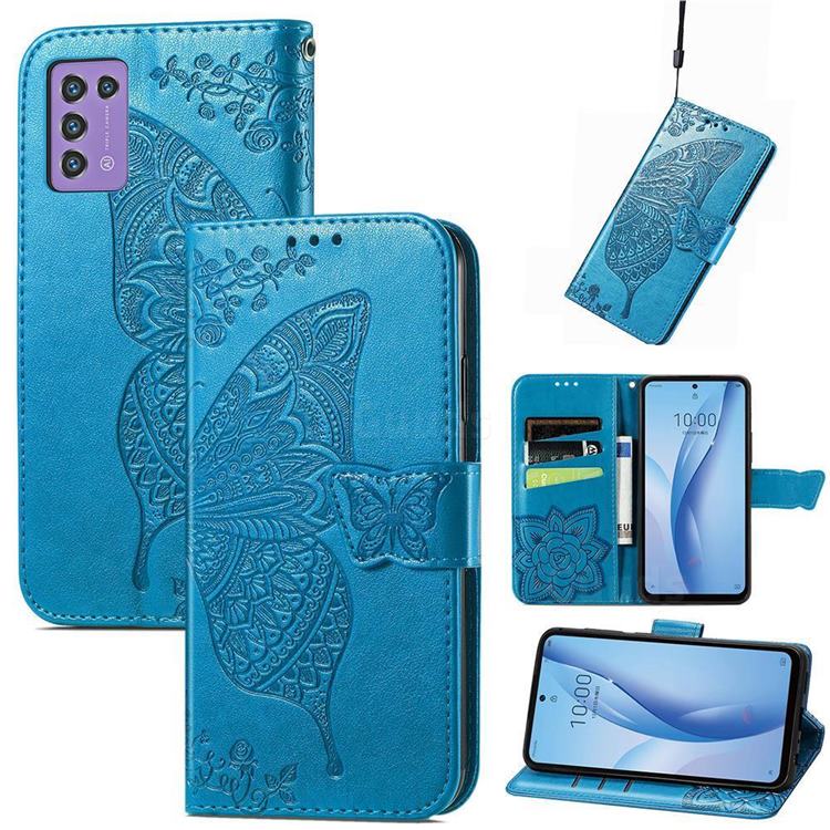Embossing Mandala Flower Butterfly Leather Wallet Case for ZTE Libero 5G III - Blue