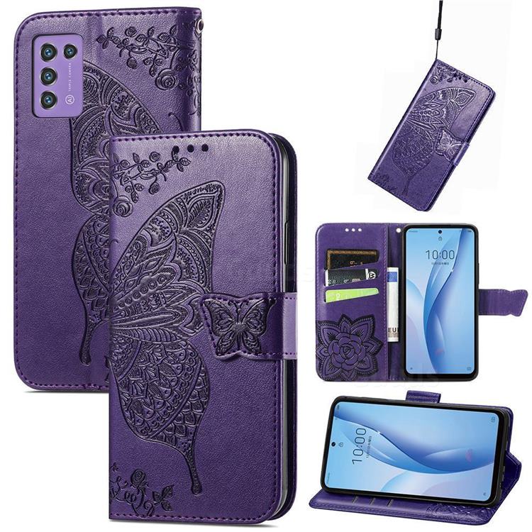 Embossing Mandala Flower Butterfly Leather Wallet Case for ZTE Libero 5G III - Dark Purple