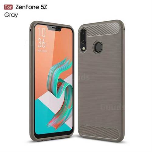 Luxury Carbon Fiber Brushed Wire Drawing Silicone TPU Back Cover for Asus Zenfone 5Z ZS620KL - Gray