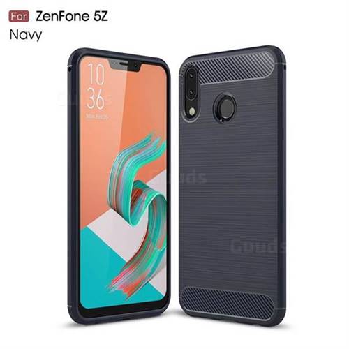 Luxury Carbon Fiber Brushed Wire Drawing Silicone TPU Back Cover for Asus Zenfone 5Z ZS620KL - Navy