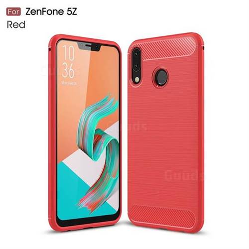 Luxury Carbon Fiber Brushed Wire Drawing Silicone TPU Back Cover for Asus Zenfone 5Z ZS620KL - Red