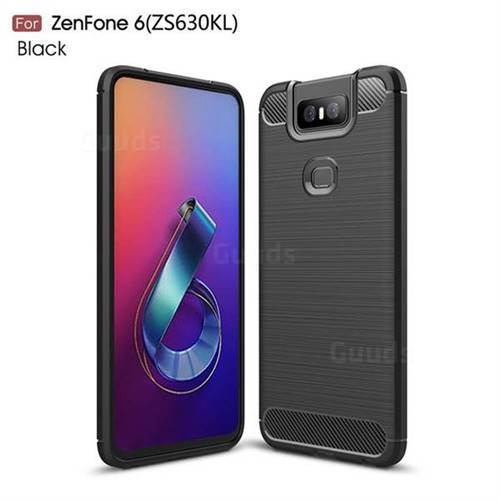 Luxury Carbon Fiber Brushed Wire Drawing Silicone TPU Back Cover for Asus ZenFone 6 (ZS630KL) - Black