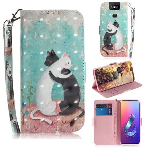 Black and White Cat 3D Painted Leather Wallet Phone Case for Asus ZenFone 6 (ZS630KL)
