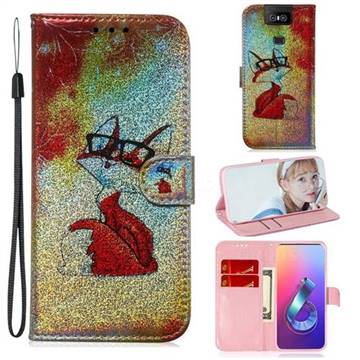 Glasses Fox Laser Shining Leather Wallet Phone Case for Asus ZenFone 6 (ZS630KL)