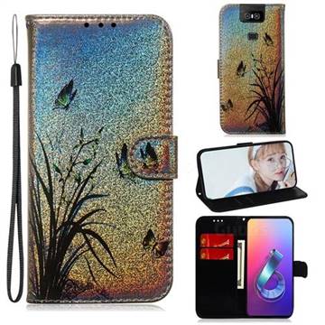 Butterfly Orchid Laser Shining Leather Wallet Phone Case for Asus ZenFone 6 (ZS630KL)