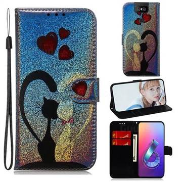 Love Cat Laser Shining Leather Wallet Phone Case for Asus ZenFone 6 (ZS630KL)