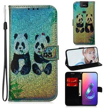 Two Pandas Laser Shining Leather Wallet Phone Case for Asus ZenFone 6 (ZS630KL)
