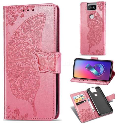 Embossing Mandala Flower Butterfly Leather Wallet Case for Asus ZenFone 6 (ZS630KL) - Pink