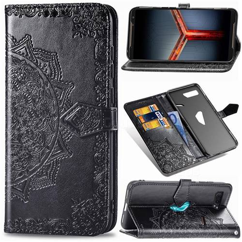 Embossing Imprint Mandala Flower Leather Wallet Case for Asus ROG Phone 2 ZS660K - Black