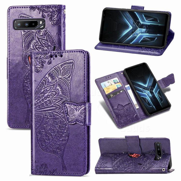 Embossing Mandala Flower Butterfly Leather Wallet Case for Asus ROG Phone 3 ZS661KS - Dark Purple