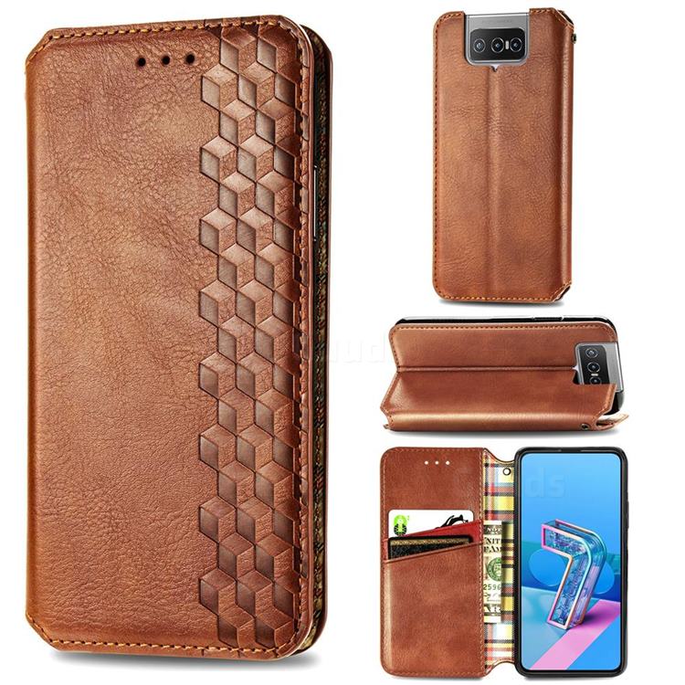 Ultra Slim Fashion Business Card Magnetic Automatic Suction Leather Flip Cover for Asus Zenfone 7 ZS670KS / 7 Pro ZS671KS - Brown