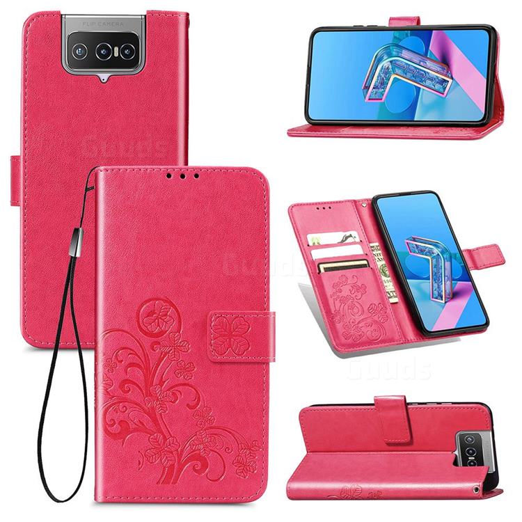 Embossing Imprint Four-Leaf Clover Leather Wallet Case for Asus Zenfone 7 ZS670KS / 7 Pro ZS671KS - Rose Red