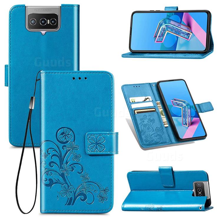 Embossing Imprint Four-Leaf Clover Leather Wallet Case for Asus Zenfone 7 ZS670KS / 7 Pro ZS671KS - Blue
